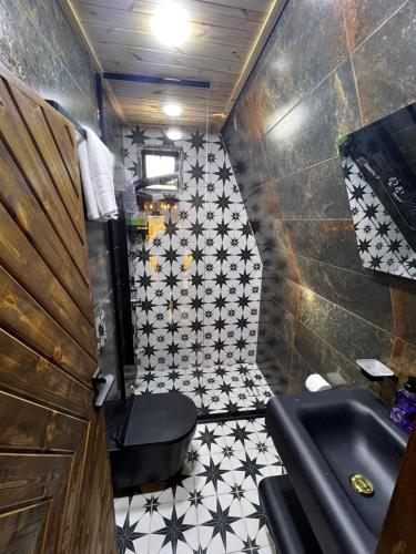 a bathroom with a toilet and a sink at أكواخ غصُن عجلون in Ajloun