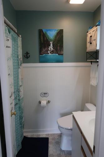 a bathroom with a white toilet and a shower at Creekside Oasis in Lusby