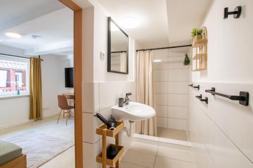 a bathroom with a sink and a shower at Bergsonnen-Stuben in Bad Lauterberg
