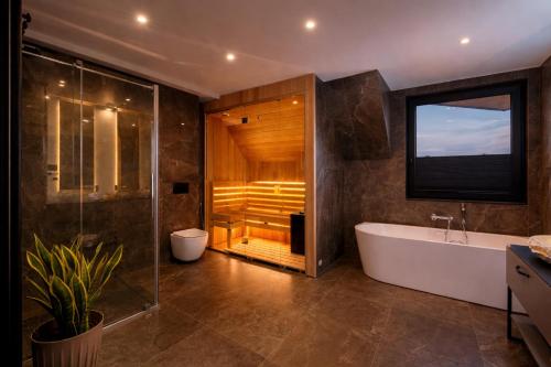 a bathroom with a tub and a shower and a bath tub at CHATAR Tatra Premium Suites in Zakopane