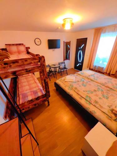 a bedroom with two bunk beds and a tv at Casa MATEO in Topliţa