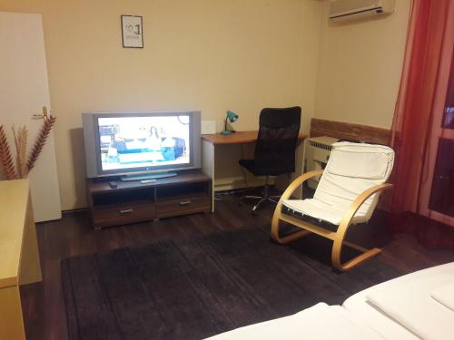 ein Wohnzimmer mit einem TV und 2 Stühlen in der Unterkunft Home Apartman in Debrecen