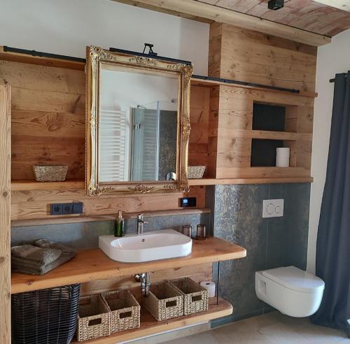 a bathroom with a sink and a mirror and a toilet at Ferienhaus Träglhof in Hirschau