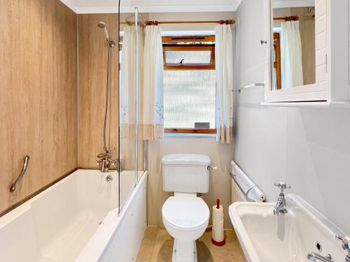 a bathroom with a toilet and a tub and a sink at Barn Cottage Brayford in Charles