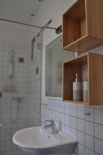 een badkamer met een wastafel en een spiegel bij Appartement Hundackerweg in Essen