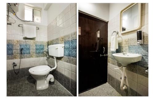 two pictures of a bathroom with a toilet and a sink at Hotel Silverkey luxury Rooms in Hyderabad