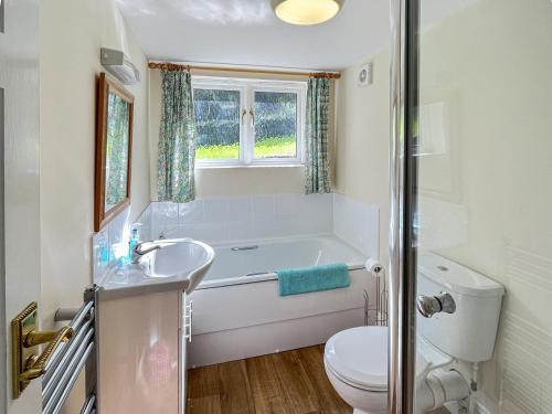 a bathroom with a tub and a toilet and a sink at Bridlecott Monksilver in Monksilver