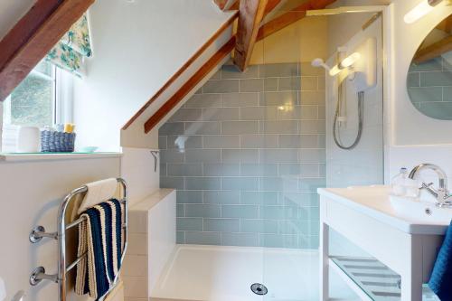 a bathroom with a shower and a sink at Little Hanger Porlock in Porlock