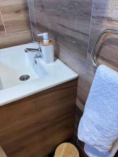 a bathroom with a white sink and a towel at Blue River, sojenica na Dunavu in Belgrade