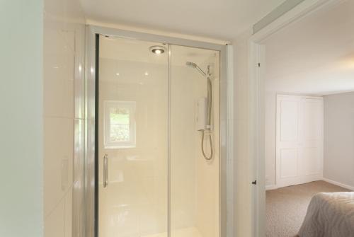 a bathroom with a shower with a glass door at Trinity Cottage Roadwater in Nettlecombe