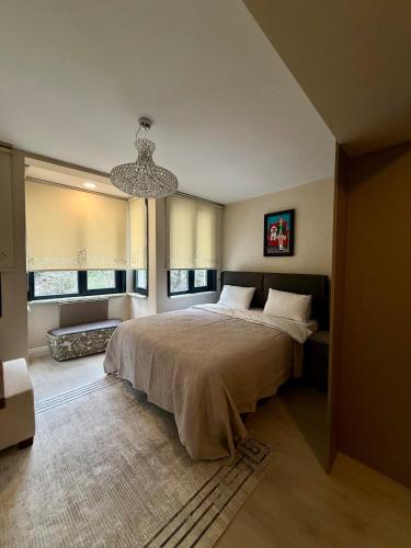 a bedroom with a large bed and a chandelier at MEYS Apartment 2 in Istanbul
