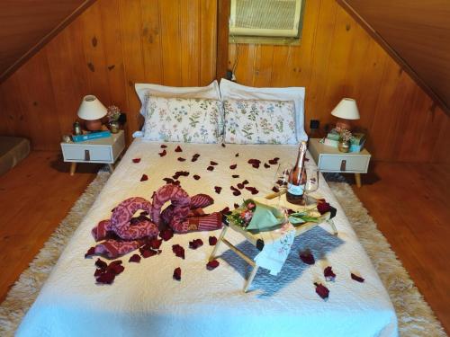 a bed with flower petals falling off of it at Cabana liberdade 2 in Rio dos Cedros