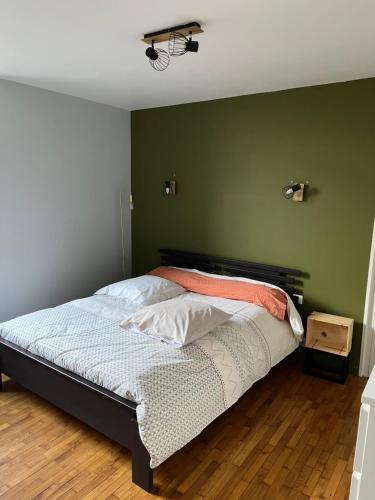 a bedroom with a bed with a green wall at Le Rive & Chêne Apartment in Aurillac