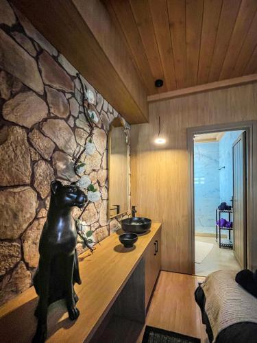a bathroom with a statue of a dog on a counter at Casa Georgia in Kefalos