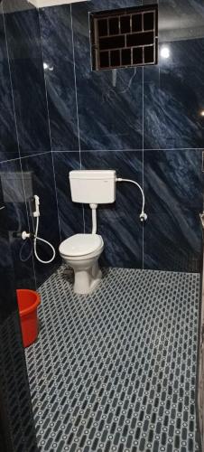 a bathroom with a toilet and a blue tiled wall at Gokarna Royal Cottage in Gokarna