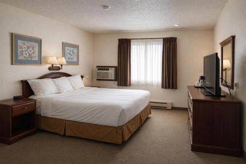 a hotel room with a bed and a flat screen tv at Lone Tree Inn in Sidney