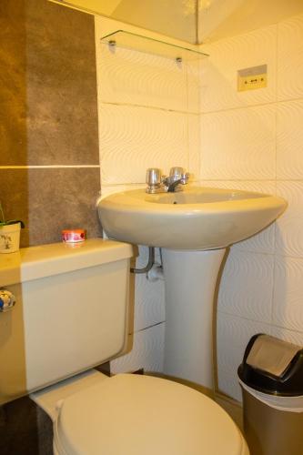a bathroom with a white toilet and a sink at Hotel Virgen del Carmen - Huaraz in Huaraz
