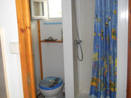 a bathroom with a toilet and a shower curtain at chalet nature 2 in Aspiran