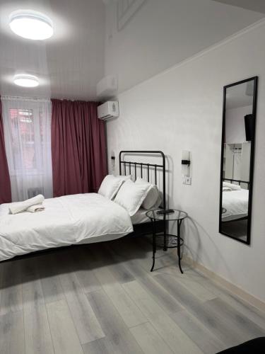 a bedroom with a bed with a mirror and a mirror at Hotel MARSO in Almaty
