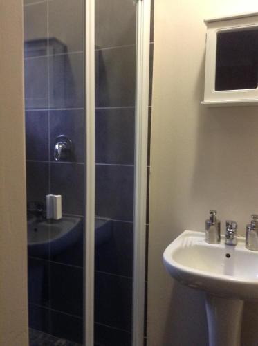 a bathroom with a shower and a sink at A Little Guesthouse in Bloemfontein