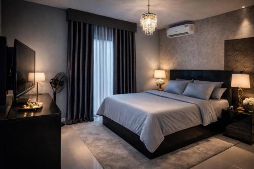 a bedroom with a large bed and a large window at Luxury 6 bedroom villa in independence layout 247 power parking and Wifi in Enugu