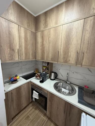 a small kitchen with wooden cabinets and a sink at Ljiljana in Vršac