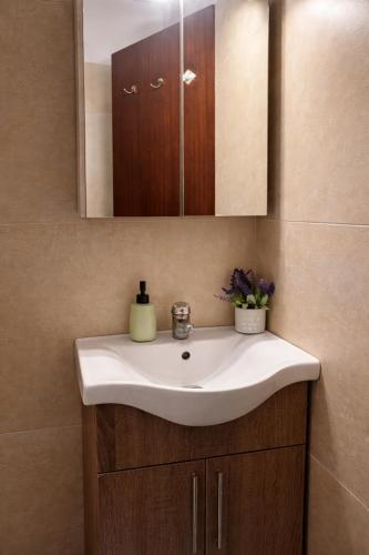 a bathroom with a sink and a mirror at Olive tree Apartment Kanoni in Kanoni