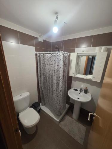 a bathroom with a toilet a sink and a shower at Casa de sney in Sarria
