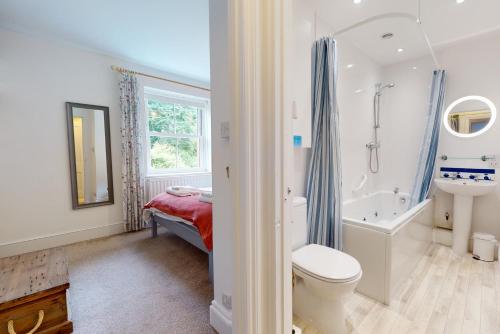 a bathroom with a toilet and a tub and a sink at High Bank Porlock in Porlock