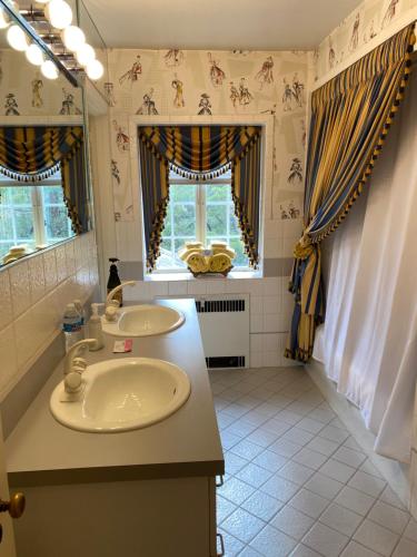 a bathroom with two sinks and two windows at 2 Born Wealthy in 1926 in Elkins Park