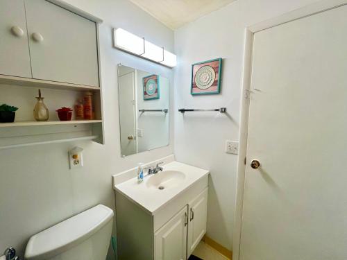 a bathroom with a sink and a toilet and a mirror at Comfortable Room BU, UHS, Lourdes, Queen Bed in Endicott