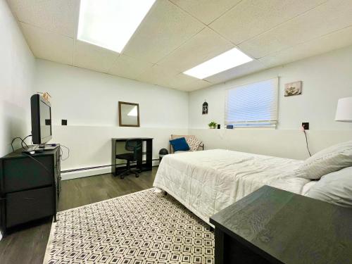 a bedroom with a bed and a tv and a fireplace at Comfortable Room BU, UHS, Lourdes, Queen Bed in Endicott