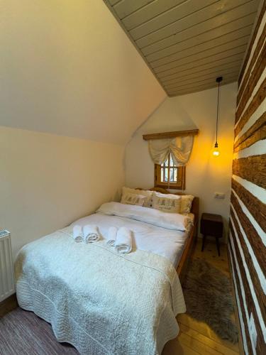 a bedroom with two beds in a attic at Sadova Village-Casa Elena in Sadova