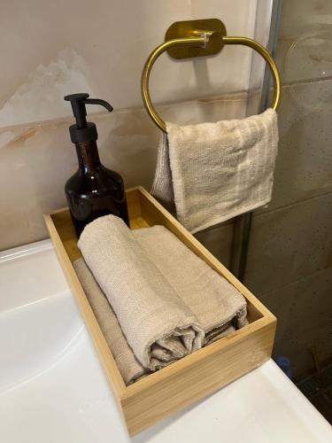 a soap bottle and towels in a wooden tray on a bathroom sink at Cozy apartment Kosmaj Residence in Rogača