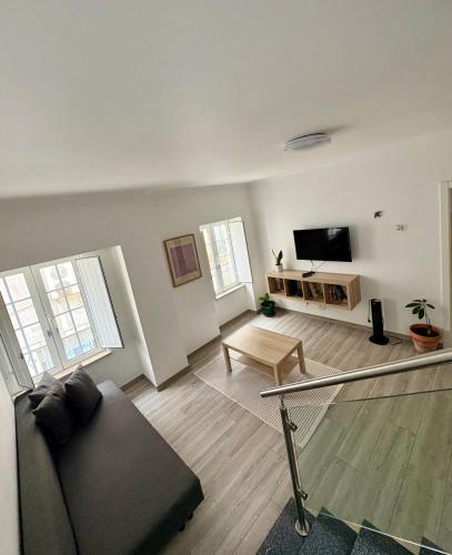 a living room with a couch and a tv at Oeste Garden Suites in Caldas da Rainha