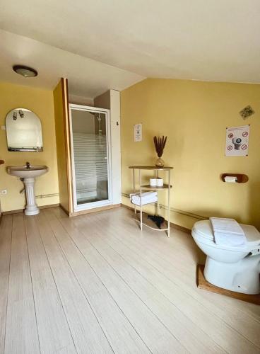 a bathroom with a toilet and a sink at La Fermette Champenoise in Jonquery