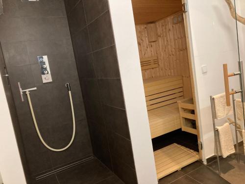 a shower in a bathroom with a shower stall at SweetSuites 40A Lavendelhaus in Mühlhausen
