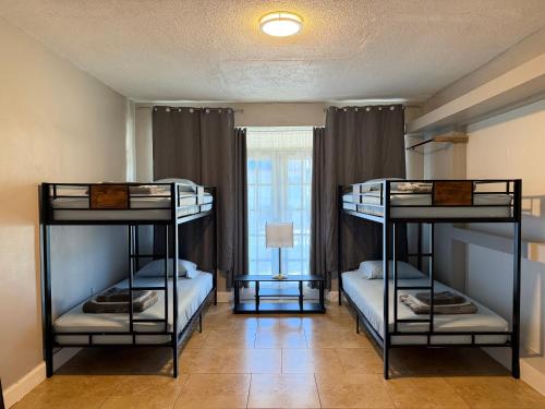 two bunk beds in a room with a window at Bek's Hostel in Hallandale Beach