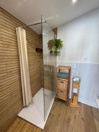a shower with a glass door in a bathroom at La Casa de Célia in Valencia de Don Juan