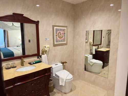 a bathroom with a sink and a toilet and a mirror at Boracay Summer Palace Hotel in Boracay