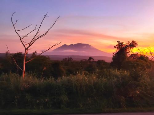 a mountain in the distance with a sunset in the background at Mccp glamping and resort in Cavinti