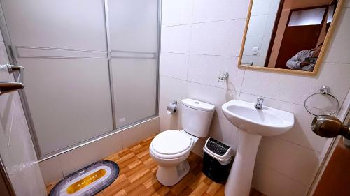 a bathroom with a shower and a toilet and a sink at Aruma Andina Hotel CHAVÍN in Chavín de Huantar