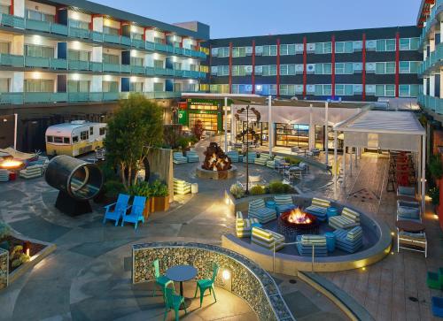 an aerial view of a hotel courtyard with a fire pit at Hotel Zephyr San Francisco in San Francisco