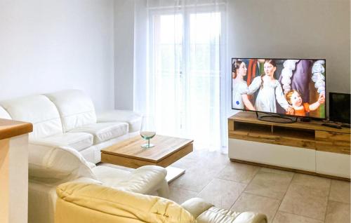 a living room with a white couch and a flat screen tv at 3 Bedroom Amazing Home In Mutigney in Mutigney