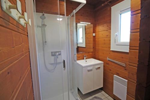 a bathroom with a shower and a sink at Gîte 87G5513 in Sussac