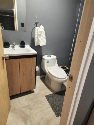 a bathroom with a white toilet and a sink at Tiny por trabajo in Trinidad