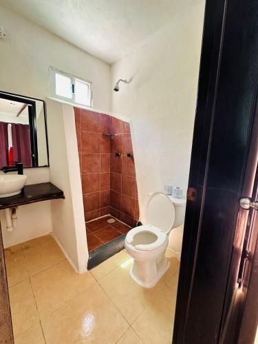 a bathroom with a toilet and a shower and a sink at Lodge Arenas Costa Maya in Mahahual