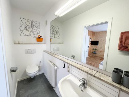 a bathroom with a sink and a toilet and a mirror at Hacienda Rooms - moderne Zimmer in ruhiger Lage - Room only ! in Friedrichshafen