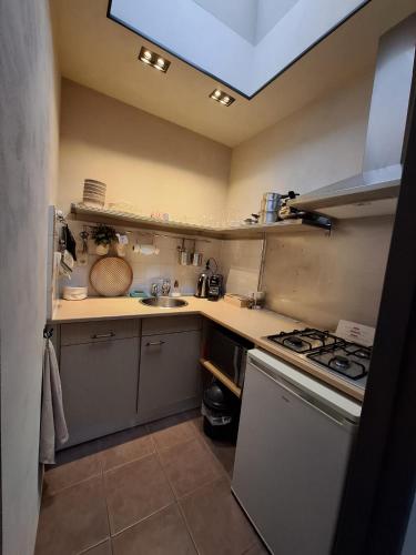a small kitchen with a sink and a stove at Bed and Breakfast Goeree Overflakkee in Sommelsdijk