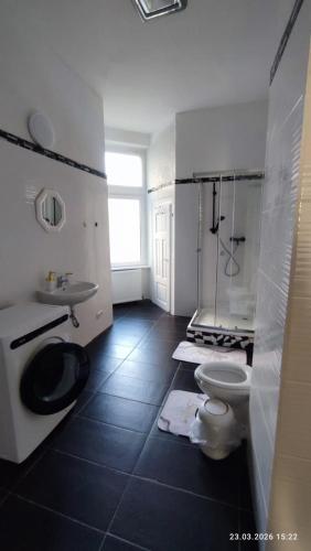 a white bathroom with a toilet and a sink at Apartments Angels o k b S2 in Altenburg